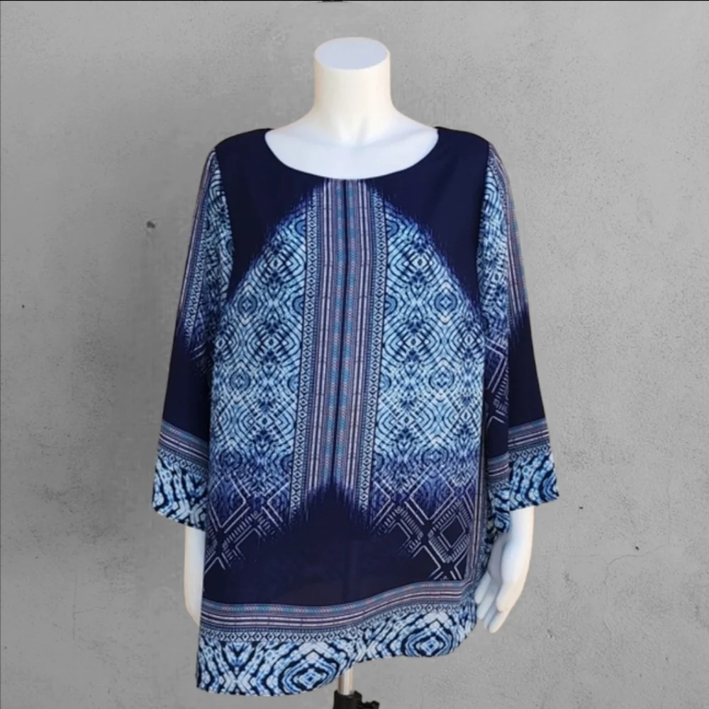 ROSE + OLIVE Batik Blue Tie Dye Tunic Top 1X Plus Tribal Boho Blouse Shirt